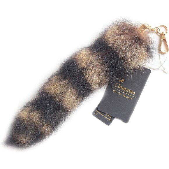 ⚡America Raccoon Tail Fur Skin Cosplay Handbag Accessories Key Chain Ring Hook - Picture 1 of 2